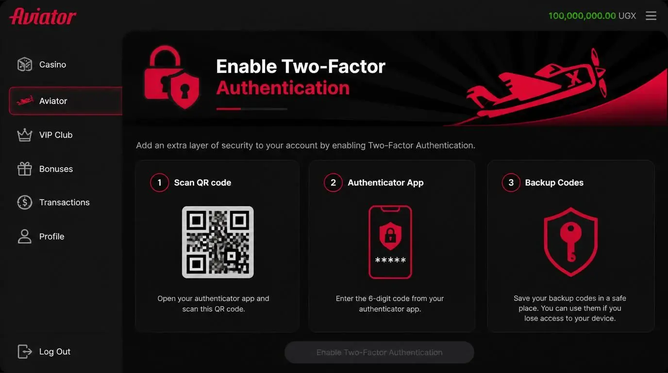 Setup of 2FA with authenticator app and backup codes for Aviator login